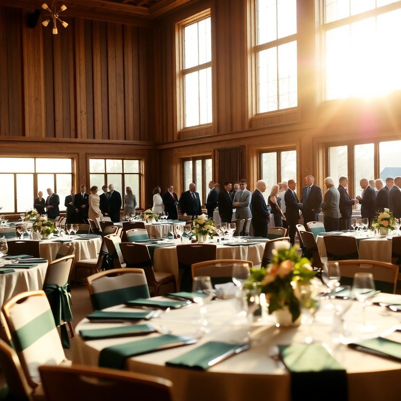 Salle de réception habillée de vert forêt et de crème, lumière dorée