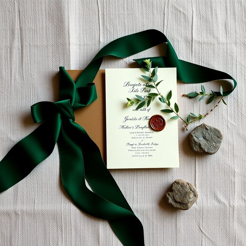 Composition à plat d'éléments de design : ruban velours vert, carton crème, eucalyptus